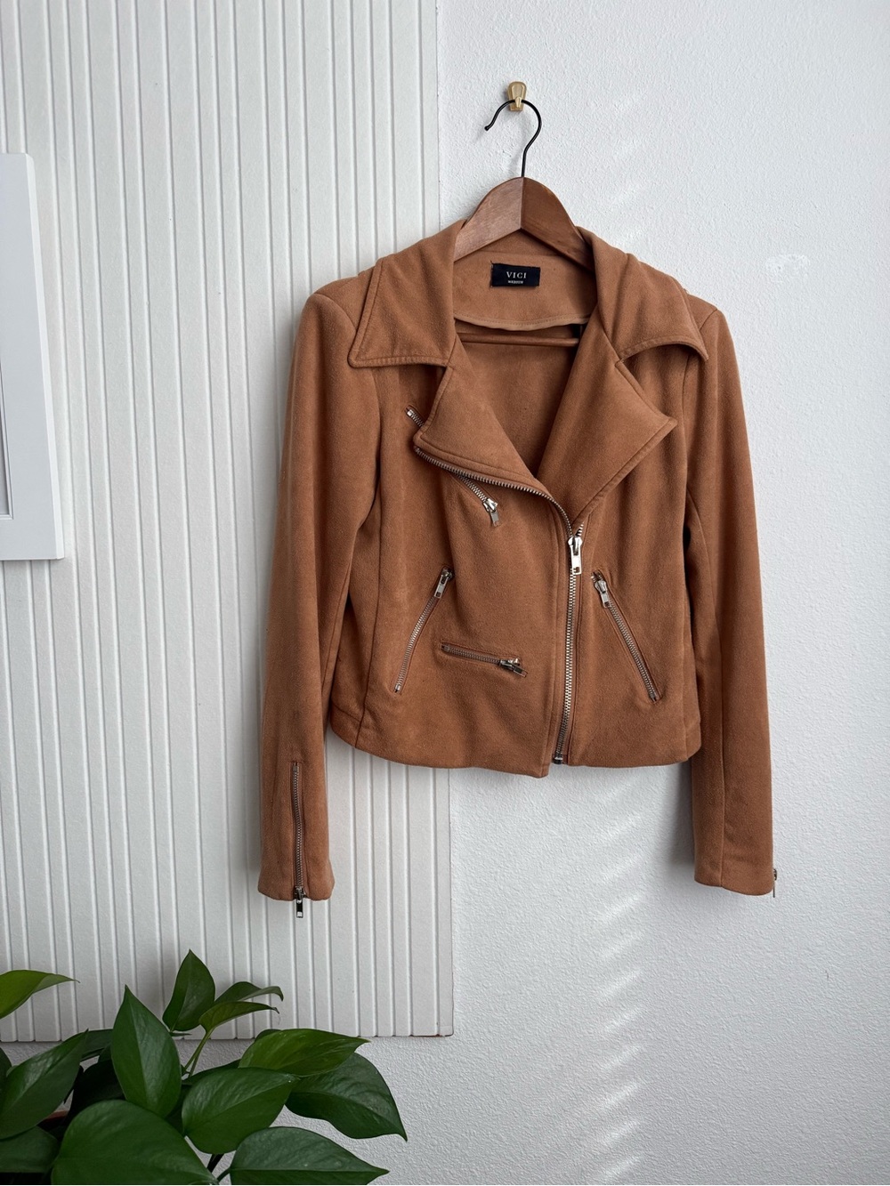Tan Brown Faux Suede Moto Jacket